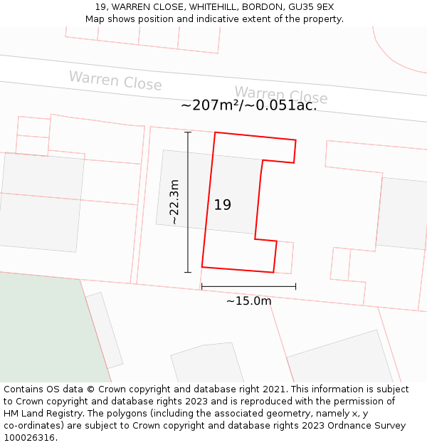 19, WARREN CLOSE, WHITEHILL, BORDON, GU35 9EX: Plot and title map