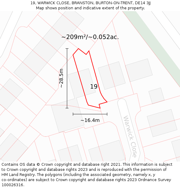 19, WARWICK CLOSE, BRANSTON, BURTON-ON-TRENT, DE14 3JJ: Plot and title map