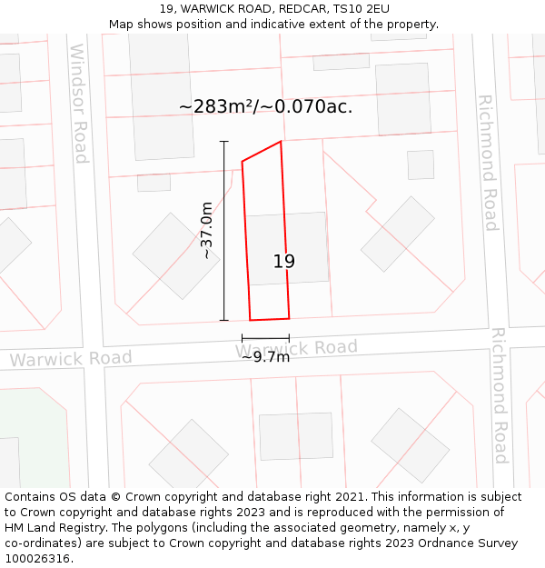 19, WARWICK ROAD, REDCAR, TS10 2EU: Plot and title map
