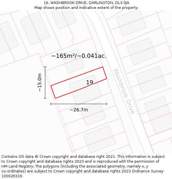 19, WASHBROOK DRIVE, DARLINGTON, DL3 0JA: Plot and title map