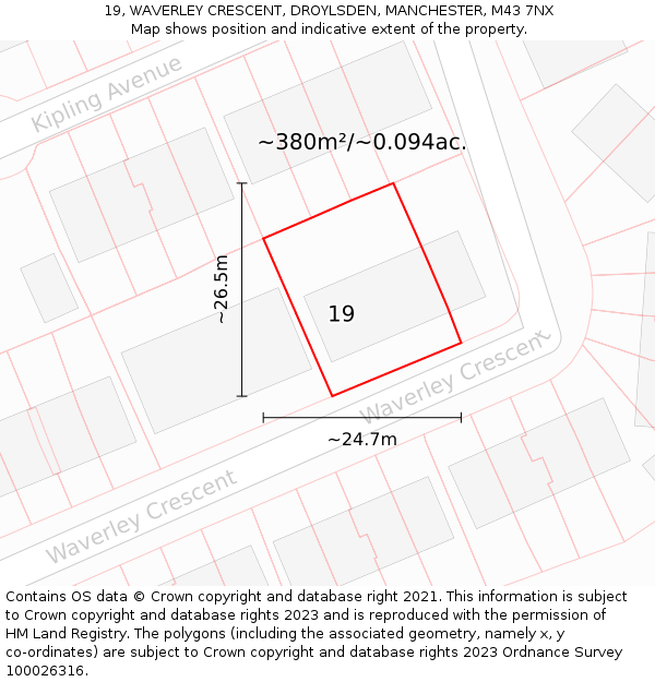 19, WAVERLEY CRESCENT, DROYLSDEN, MANCHESTER, M43 7NX: Plot and title map