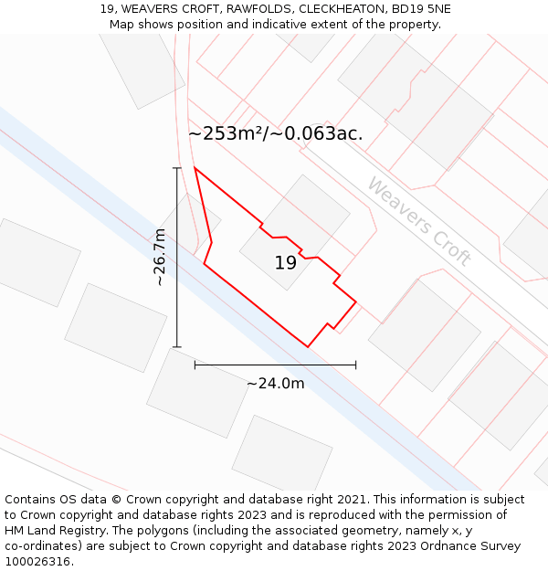 19, WEAVERS CROFT, RAWFOLDS, CLECKHEATON, BD19 5NE: Plot and title map