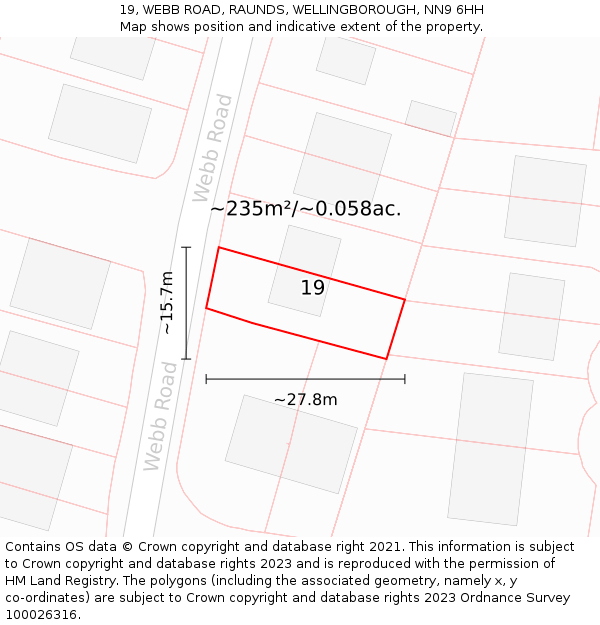 19, WEBB ROAD, RAUNDS, WELLINGBOROUGH, NN9 6HH: Plot and title map