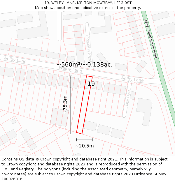 19, WELBY LANE, MELTON MOWBRAY, LE13 0ST: Plot and title map