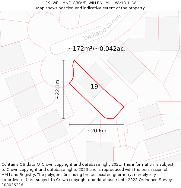 19, WELLAND GROVE, WILLENHALL, WV13 1HW: Plot and title map