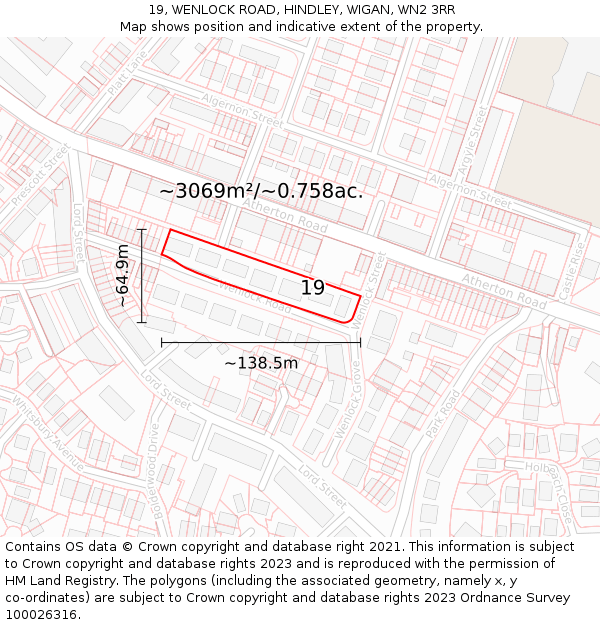 19, WENLOCK ROAD, HINDLEY, WIGAN, WN2 3RR: Plot and title map