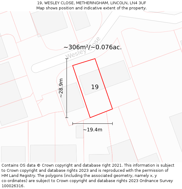 19, WESLEY CLOSE, METHERINGHAM, LINCOLN, LN4 3UF: Plot and title map