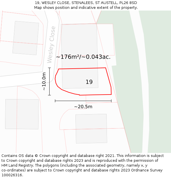 19, WESLEY CLOSE, STENALEES, ST AUSTELL, PL26 8SD: Plot and title map