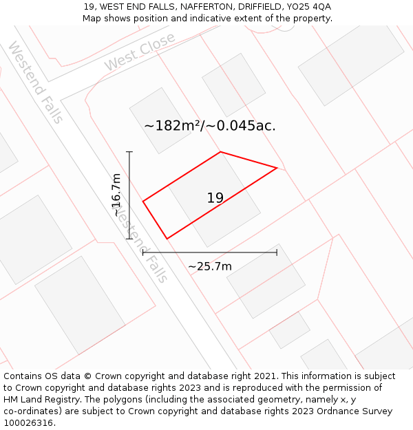 19, WEST END FALLS, NAFFERTON, DRIFFIELD, YO25 4QA: Plot and title map