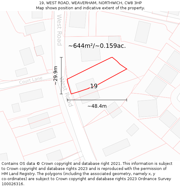 19, WEST ROAD, WEAVERHAM, NORTHWICH, CW8 3HP: Plot and title map