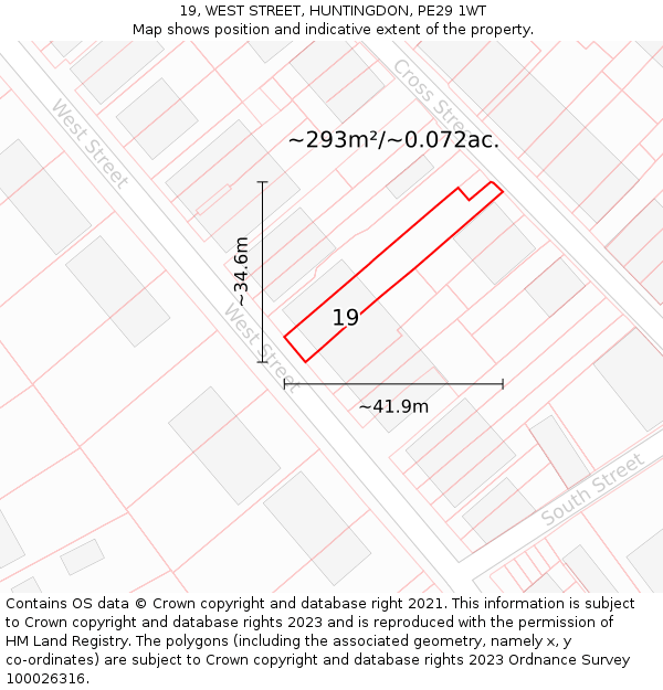 19, WEST STREET, HUNTINGDON, PE29 1WT: Plot and title map