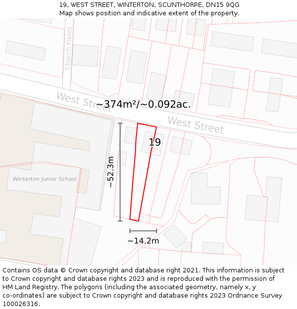 19, WEST STREET, WINTERTON, SCUNTHORPE, DN15 9QG: Plot and title map