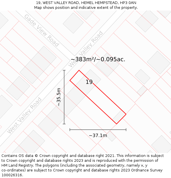 19, WEST VALLEY ROAD, HEMEL HEMPSTEAD, HP3 0AN: Plot and title map