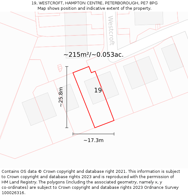 19, WESTCROFT, HAMPTON CENTRE, PETERBOROUGH, PE7 8PG: Plot and title map