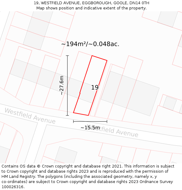 19, WESTFIELD AVENUE, EGGBOROUGH, GOOLE, DN14 0TH: Plot and title map