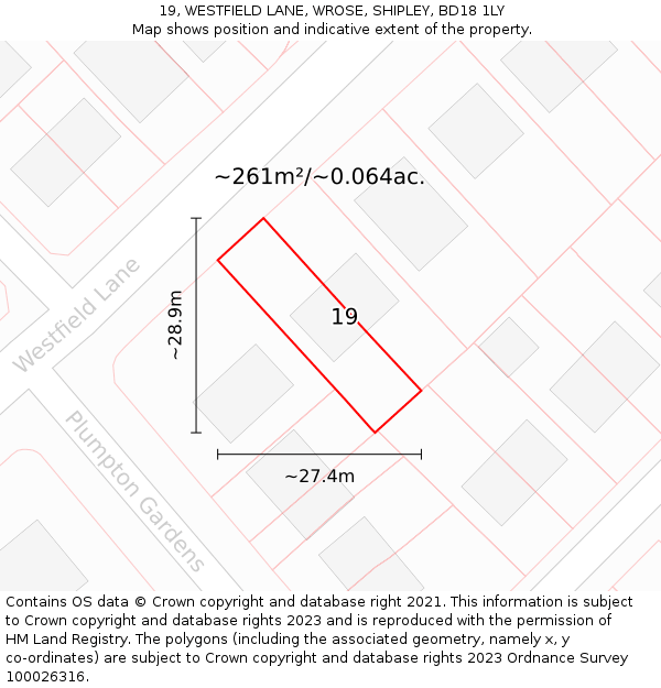19, WESTFIELD LANE, WROSE, SHIPLEY, BD18 1LY: Plot and title map