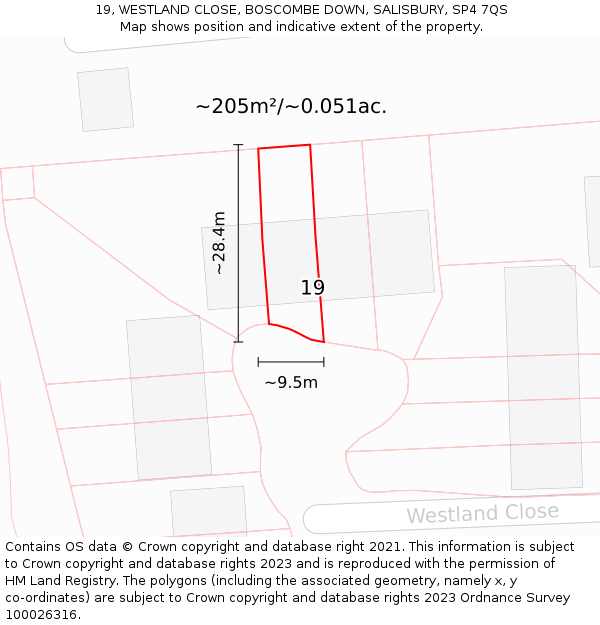 19, WESTLAND CLOSE, BOSCOMBE DOWN, SALISBURY, SP4 7QS: Plot and title map
