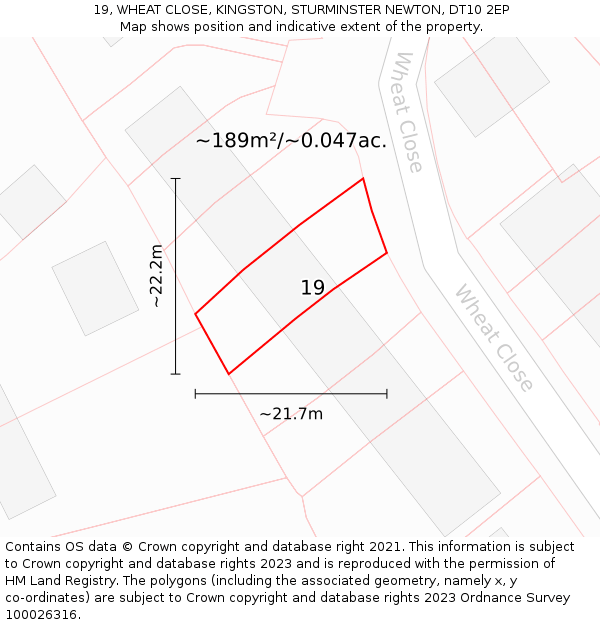 19, WHEAT CLOSE, KINGSTON, STURMINSTER NEWTON, DT10 2EP: Plot and title map