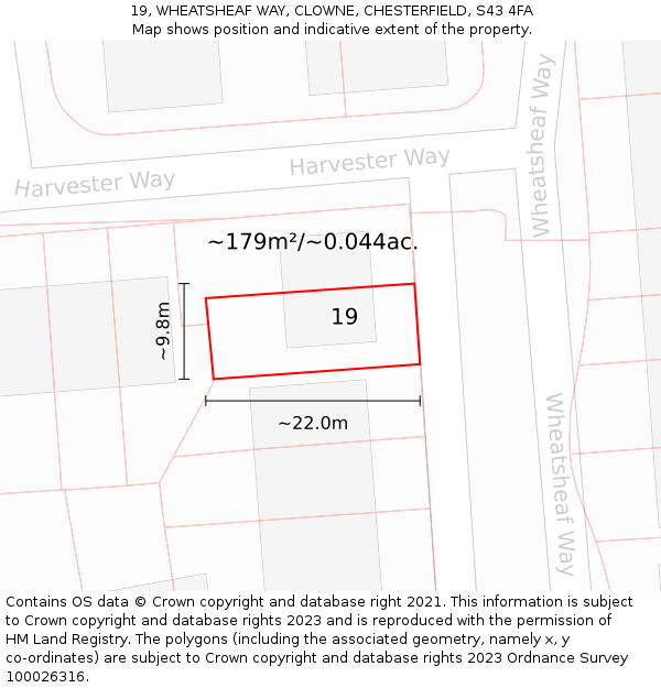 19, WHEATSHEAF WAY, CLOWNE, CHESTERFIELD, S43 4FA: Plot and title map