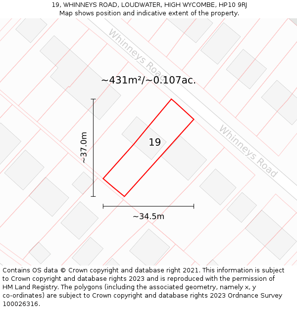 19, WHINNEYS ROAD, LOUDWATER, HIGH WYCOMBE, HP10 9RJ: Plot and title map