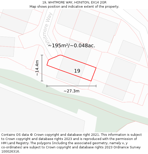 19, WHITMORE WAY, HONITON, EX14 2GR: Plot and title map