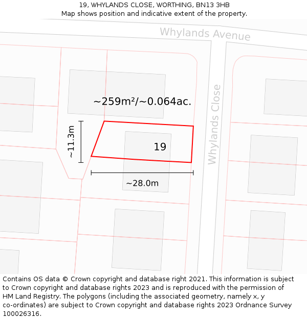 19, WHYLANDS CLOSE, WORTHING, BN13 3HB: Plot and title map