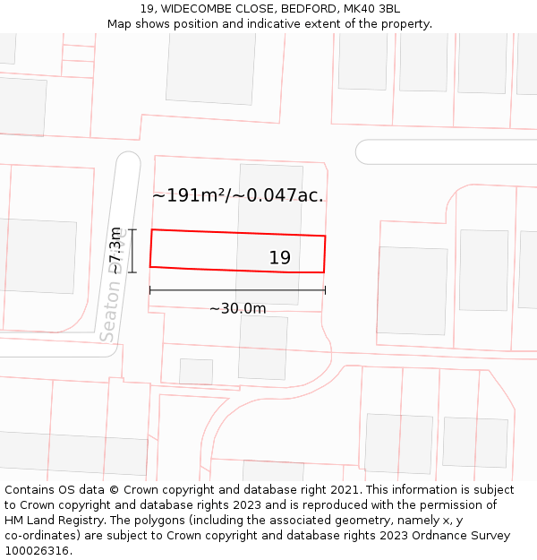19, WIDECOMBE CLOSE, BEDFORD, MK40 3BL: Plot and title map