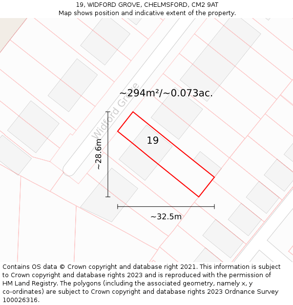 19, WIDFORD GROVE, CHELMSFORD, CM2 9AT: Plot and title map
