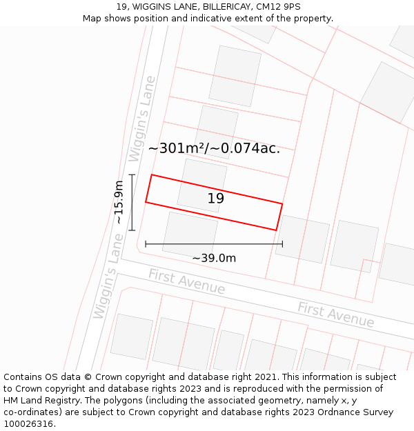 19, WIGGINS LANE, BILLERICAY, CM12 9PS: Plot and title map
