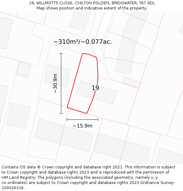 19, WILLMOTTS CLOSE, CHILTON POLDEN, BRIDGWATER, TA7 9DL: Plot and title map