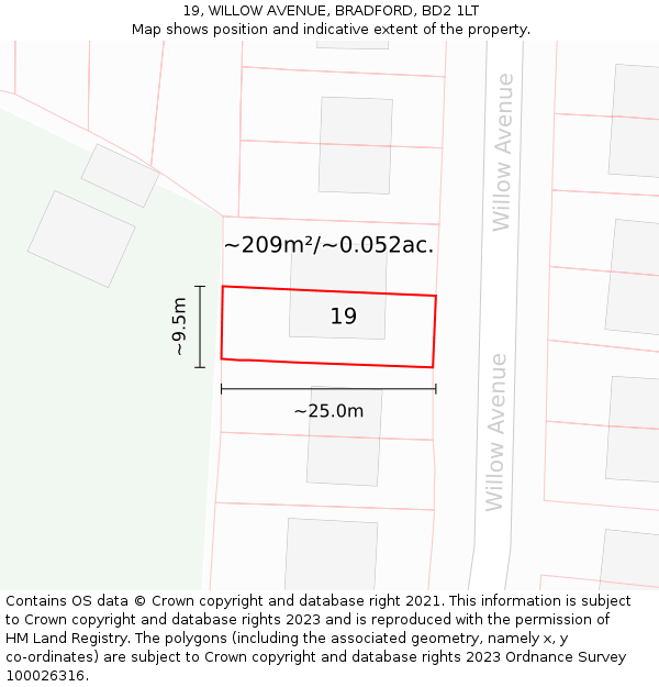 19, WILLOW AVENUE, BRADFORD, BD2 1LT: Plot and title map