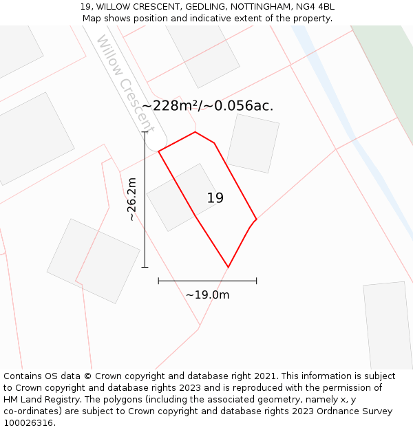 19, WILLOW CRESCENT, GEDLING, NOTTINGHAM, NG4 4BL: Plot and title map