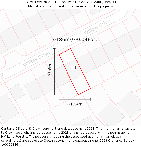 19, WILLOW DRIVE, HUTTON, WESTON-SUPER-MARE, BS24 9TJ: Plot and title map