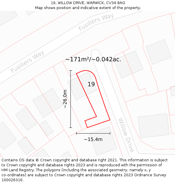 19, WILLOW DRIVE, WARWICK, CV34 8AG: Plot and title map