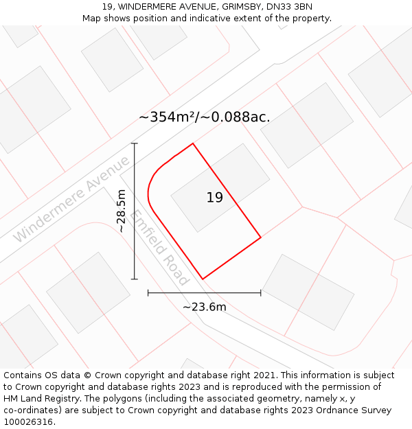 19, WINDERMERE AVENUE, GRIMSBY, DN33 3BN: Plot and title map