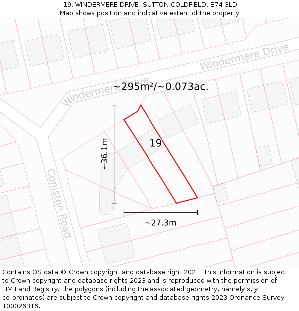19, WINDERMERE DRIVE, SUTTON COLDFIELD, B74 3LD: Plot and title map