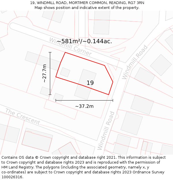 19, WINDMILL ROAD, MORTIMER COMMON, READING, RG7 3RN: Plot and title map