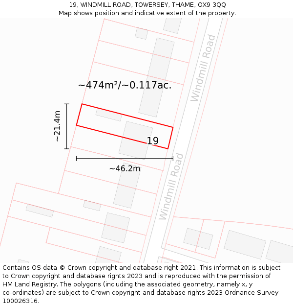 19, WINDMILL ROAD, TOWERSEY, THAME, OX9 3QQ: Plot and title map