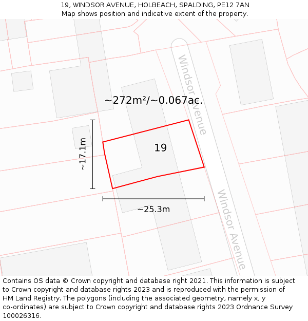 19, WINDSOR AVENUE, HOLBEACH, SPALDING, PE12 7AN: Plot and title map