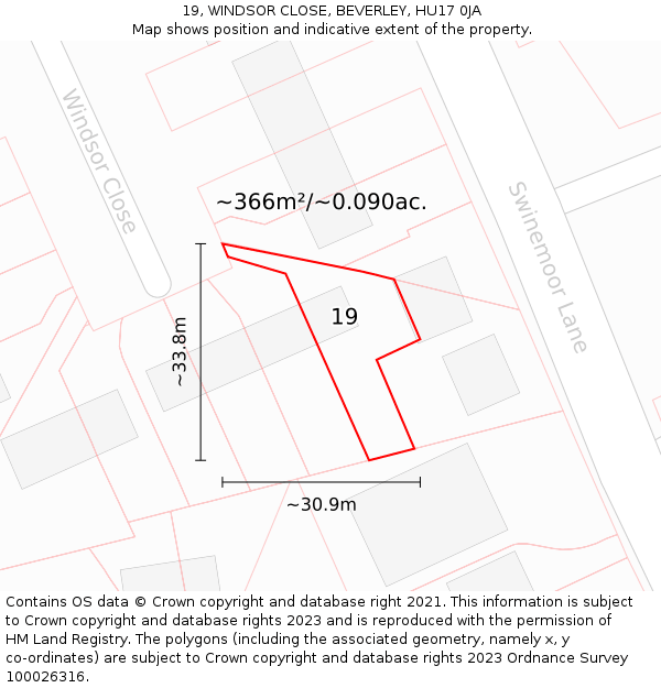 19, WINDSOR CLOSE, BEVERLEY, HU17 0JA: Plot and title map
