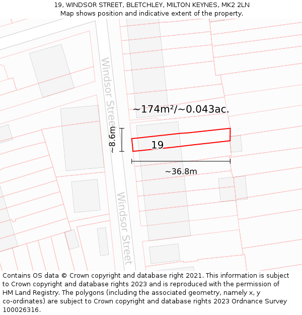 19, WINDSOR STREET, BLETCHLEY, MILTON KEYNES, MK2 2LN: Plot and title map
