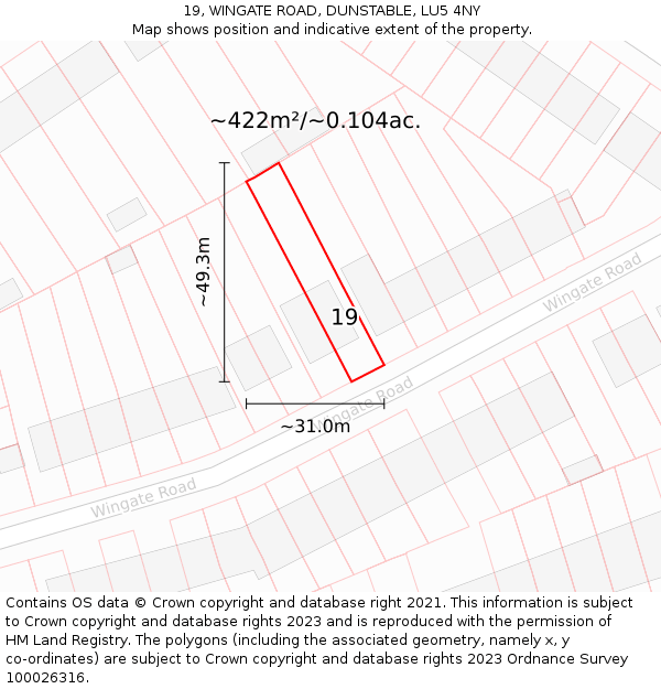 19, WINGATE ROAD, DUNSTABLE, LU5 4NY: Plot and title map