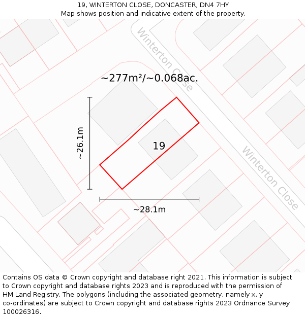 19, WINTERTON CLOSE, DONCASTER, DN4 7HY: Plot and title map