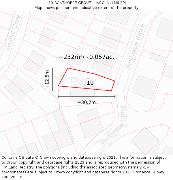 19, WINTHORPE GROVE, LINCOLN, LN6 3PJ: Plot and title map