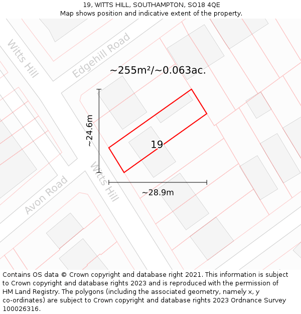 19, WITTS HILL, SOUTHAMPTON, SO18 4QE: Plot and title map