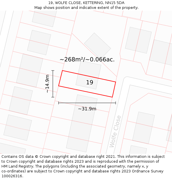 19, WOLFE CLOSE, KETTERING, NN15 5DA: Plot and title map
