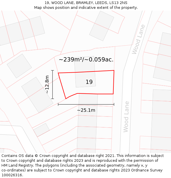 19, WOOD LANE, BRAMLEY, LEEDS, LS13 2NS: Plot and title map