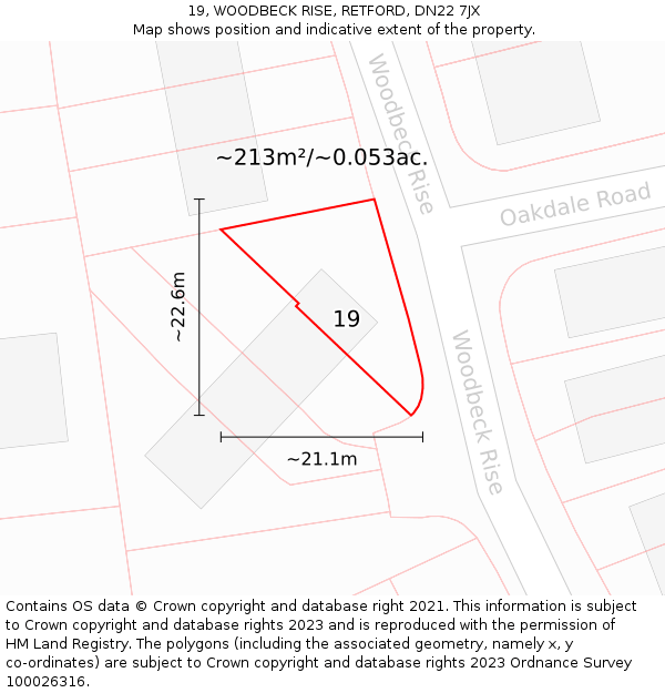 19, WOODBECK RISE, RETFORD, DN22 7JX: Plot and title map