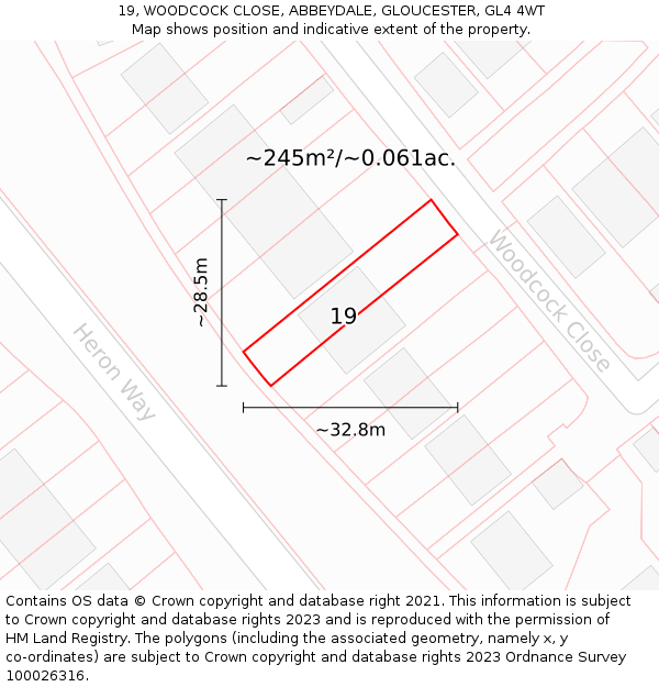 19, WOODCOCK CLOSE, ABBEYDALE, GLOUCESTER, GL4 4WT: Plot and title map