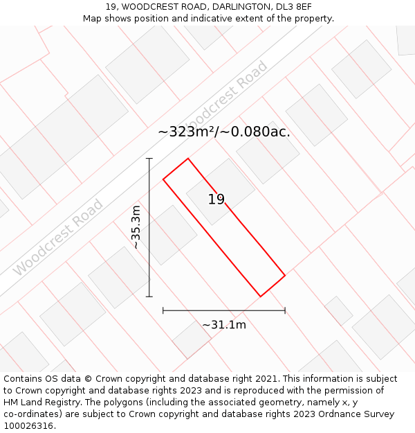 19, WOODCREST ROAD, DARLINGTON, DL3 8EF: Plot and title map